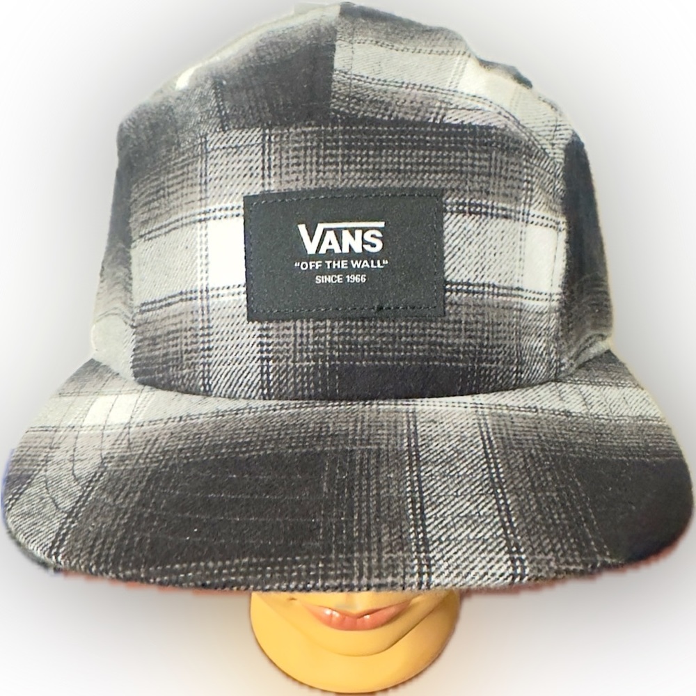 VANS MN Davis Plaid with Badge Logo 5 Panel Camper Hat, Black/White NWT